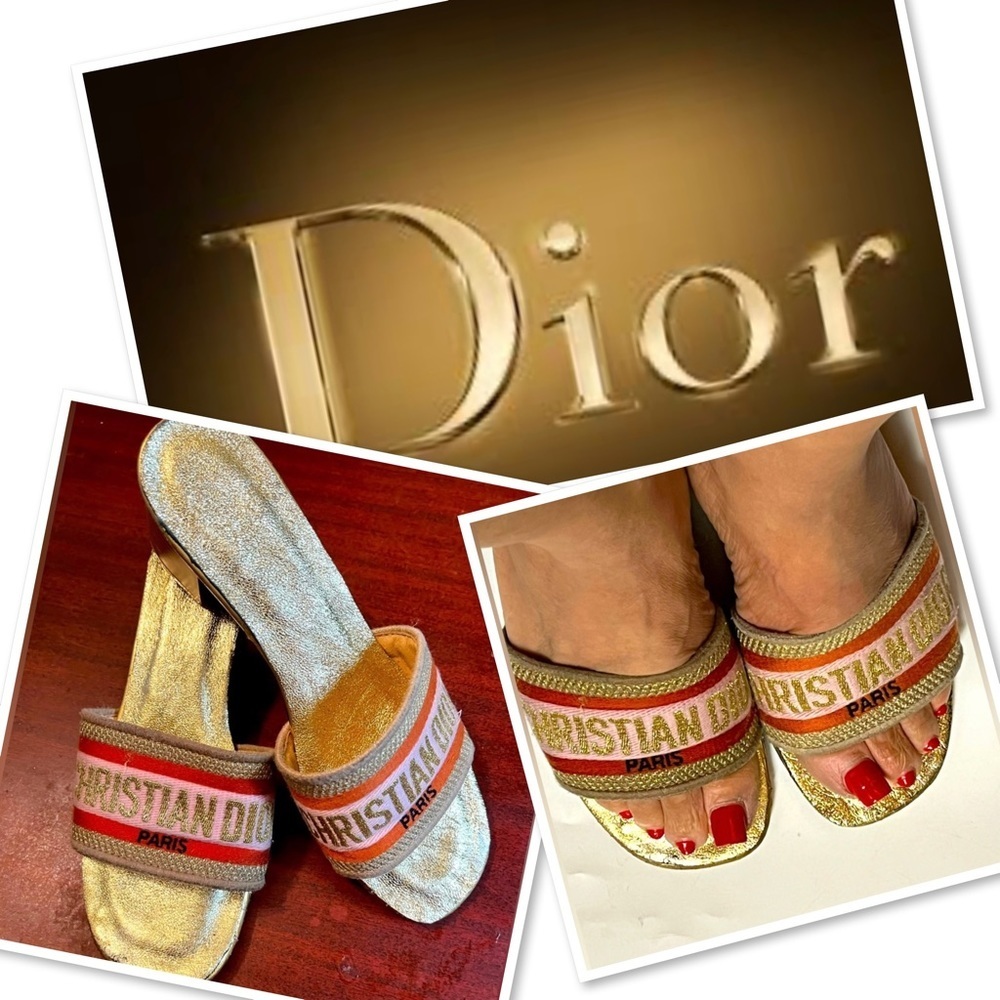 Dior Multicolor Cotton Blend Dway Slide Sandals Heels Size 37 Made in Italy